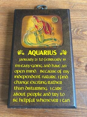 70’s vintage Aquarius Zodiac Wood Plaque with Colorful Ceramic Tile